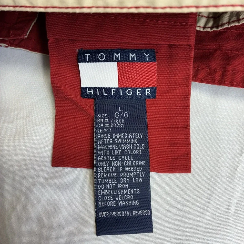 VTG Tommy Hilfiger Mens Swim Trunks, Cream With Red Stitching, Size Large‎